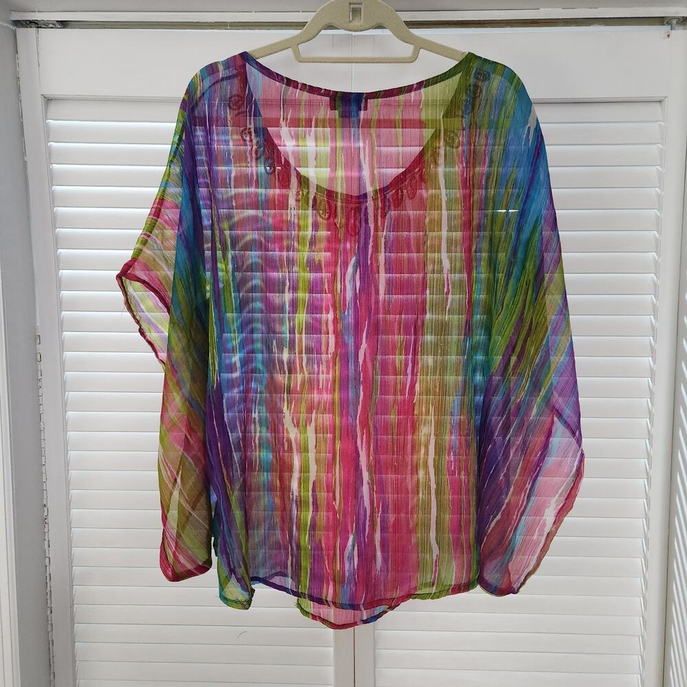 Aqua Blue Dolman Sleeve Top | Ballet Neck Bold Print | Pre-Owned - Picture 2 of 8